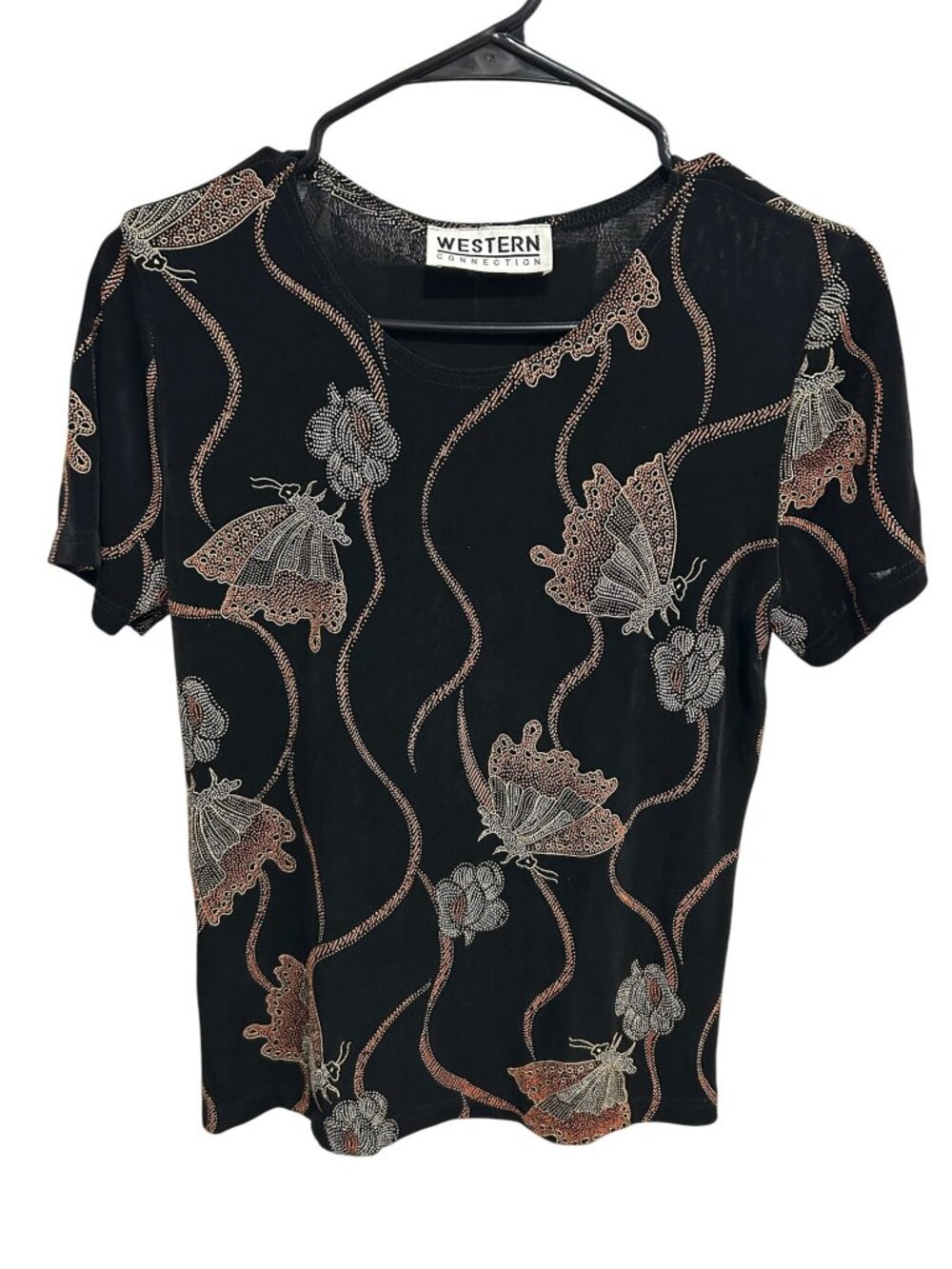 Western Connection Womens Black Butterfly Floral Short Sleeve Top Boho Romantic